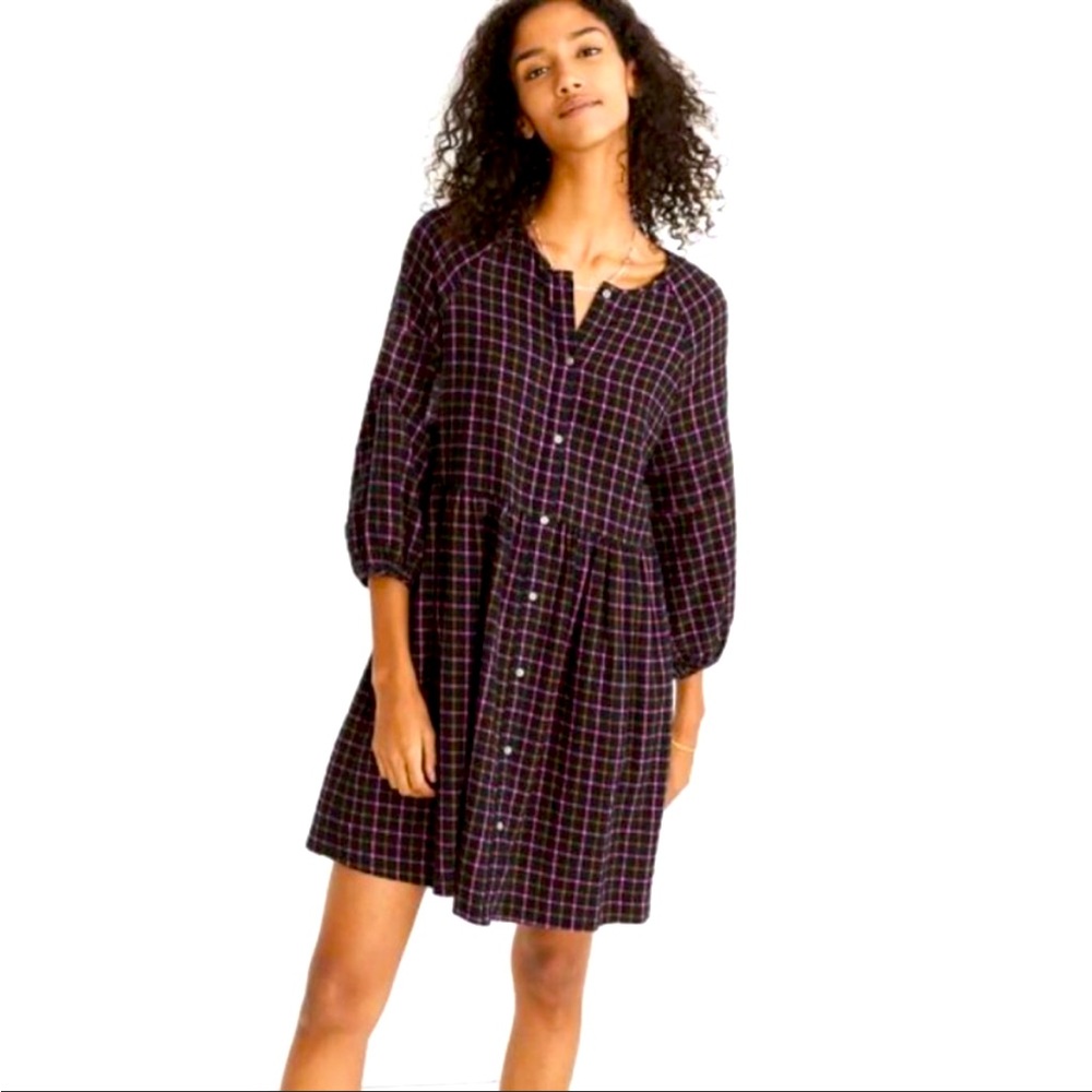 Madewell Black Plaid Long Sleeve Button-Front Dress